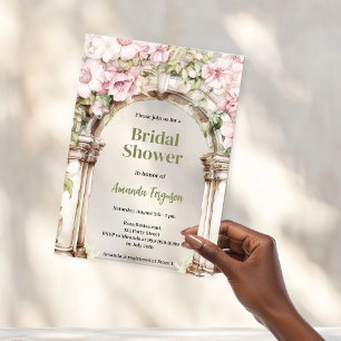 Invitations En Acrylique Fleurs roses en arche sur fond beige clair pour Ba