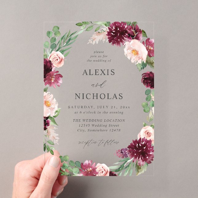 Invitations En Acrylique Fleurs roses et bordeaux 7 Mariage  (In situ (ordinateur de poche))
