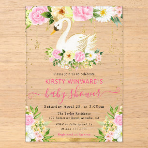 Invitations En Acrylique Fleurs roses et jaunes aquarelle Cygne Baby Shower