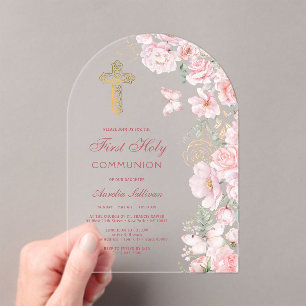 Invitations En Acrylique Fleurs roses et papillons Arche Première Communion