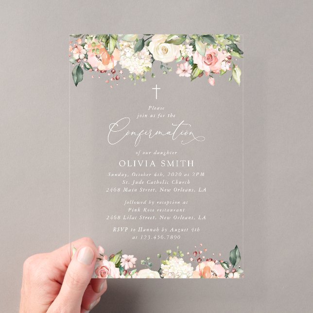 Invitations En Acrylique Fleurs roses, Fleurs blanches, Confirmation floral (In situ (ordinateur de poche))