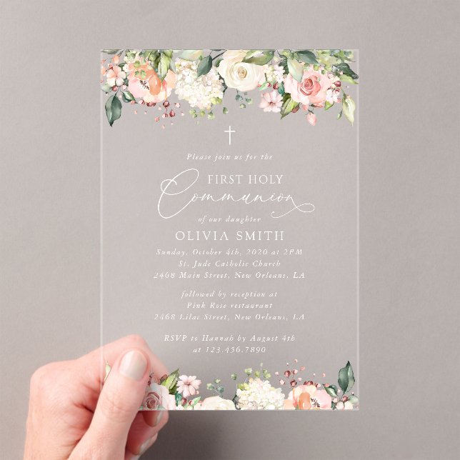 Invitations En Acrylique Fleurs roses, fleurs blanches, Première communion (In situ (ordinateur de poche))