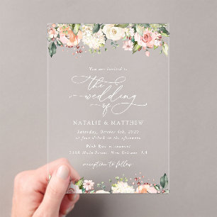 Invitations En Acrylique Fleurs roses, Fleurs blanches, Verdure, Mariage