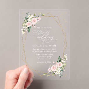 Invitations En Acrylique Fleurs roses, Fleurs blanches, Verdure, Mariage