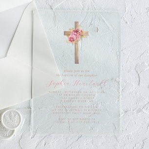 Invitations En Acrylique Fleurs Roses Or Fille Baptême Croix