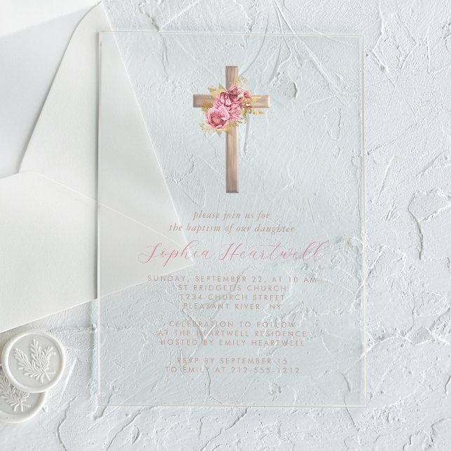 Invitations En Acrylique Fleurs Roses Or Fille Baptême Croix (Créateur téléchargé)