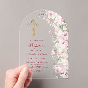 Invitations En Acrylique Fleurs roses pâles Arche Baptême Clair