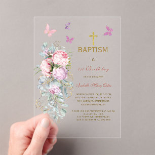Invitations En Acrylique Fleurs roses Papillon Baptême