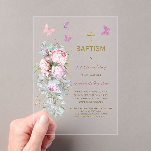 Invitations En Acrylique Fleurs roses Papillon Baptême (In situ (ordinateur de poche))