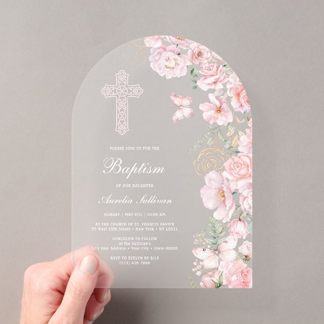 Invitations En Acrylique Fleurs roses papillons Arche Baptême (In situ (ordinateur de poche))