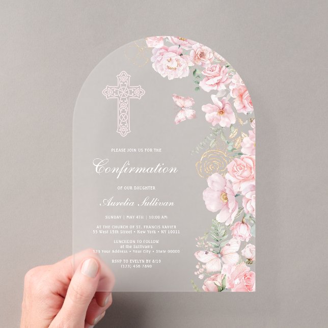 Invitations En Acrylique Fleurs roses papillons Arche Confirmation (In situ (ordinateur de poche))