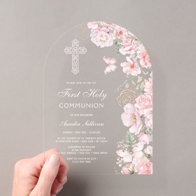 Invitations En Acrylique Fleurs roses papillons Arche Première communion (In situ (ordinateur de poche))