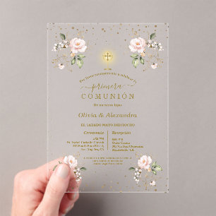 Invitations En Acrylique Fleurs Roses Primera Comunión Jumelles Communion S