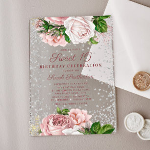 Invitations En Acrylique Fleurs roses roses argentées pailletées Sweet 16