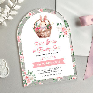 Invitations En Acrylique Fleurs roses, un petit lapin fête son premier anni
