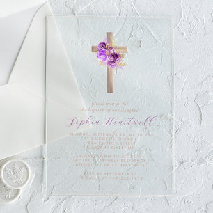 Invitations En Acrylique Fleurs Roses Violettes Or Croix Fille Baptême