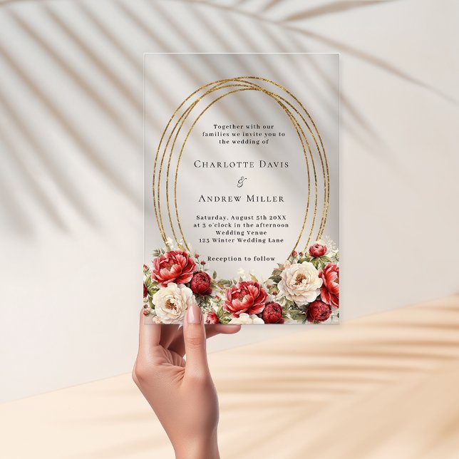Invitations En Acrylique Fleurs rouges cadre doré clair mariage (Créateur téléchargé)