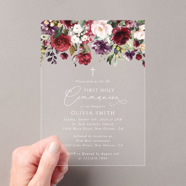 Invitations En Acrylique Fleurs rouges, fleurs roses, première sainte commu (In situ (ordinateur de poche))