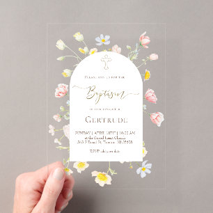 Invitations En Acrylique fleurs sauvages bébé fille Baptême