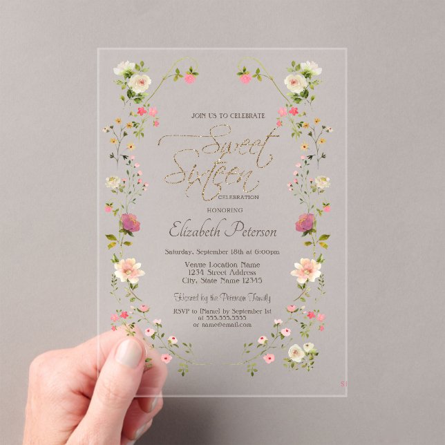 Invitations En Acrylique Fleurs sauvages chic 16 ans (In situ (ordinateur de poche))