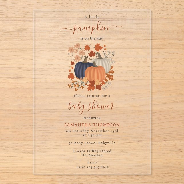 Invitations En Acrylique Fleurs sauvages Citrouille Russe Automne Baby show (Recto)