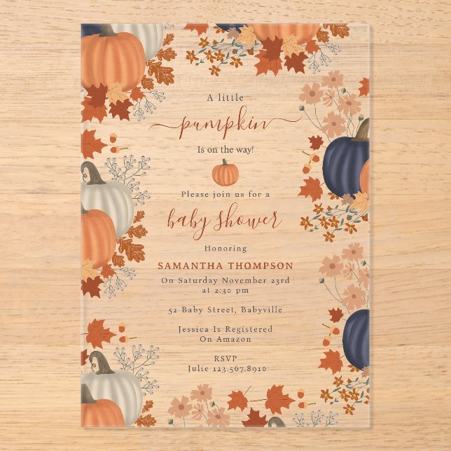 Invitations En Acrylique Fleurs sauvages Citrouille Russe Automne Baby show (Recto)