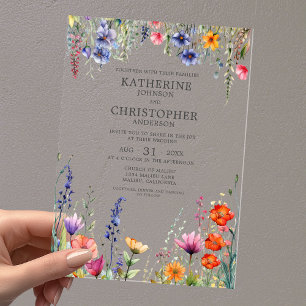 Invitations En Acrylique Fleurs sauvages colorées Élégant Mariage Clair