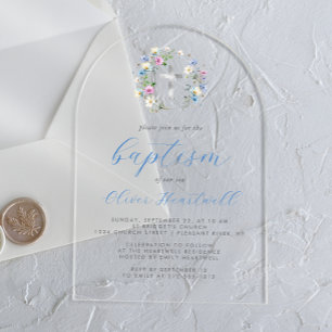 Invitations En Acrylique Fleurs sauvages Croix argentée Bleu Écriture garço