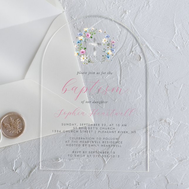Invitations En Acrylique Fleurs sauvages Croix argentée Écriture rose Baptê (Créateur téléchargé)