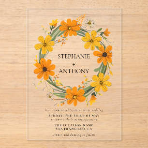 Invitations En Acrylique Fleurs sauvages orange et jaune Mariage de couronn