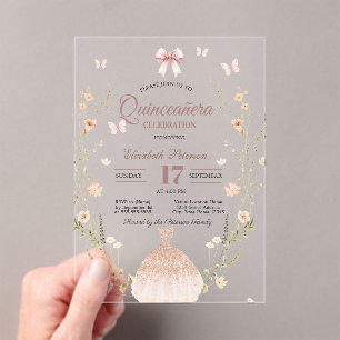 Invitations En Acrylique Fleurs sauvages Papillons Robe Nœud Quinceanera