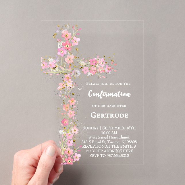 Invitations En Acrylique fleurs sauvages roses croix Confirmation (In situ (ordinateur de poche))