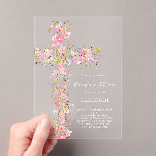 Invitations En Acrylique fleurs sauvages roses croix Confirmation