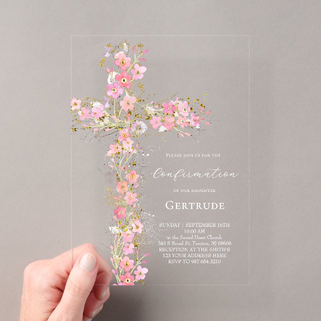 Invitations En Acrylique fleurs sauvages roses croix Confirmation (In situ (ordinateur de poche))