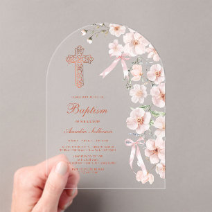 Invitations En Acrylique Fleurs sauvages roses et arche de rubans pour bapt