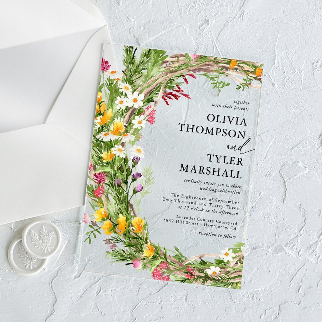 Invitations En Acrylique Fleurs sauvages rustiques Mariage bohème (Créateur téléchargé)