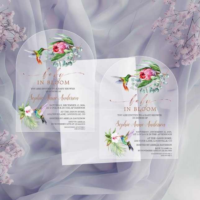 Invitations En Acrylique Fleurs tropicales des colibris Fille bébé en fleur (Créateur téléchargé)