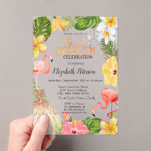 Invitations En Acrylique Fleurs Tropicales Flamants Roses Palm Dress Sweet 