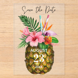 Invitations En Acrylique Fleurs Tropicales Hawaïennes et Économisez la Date