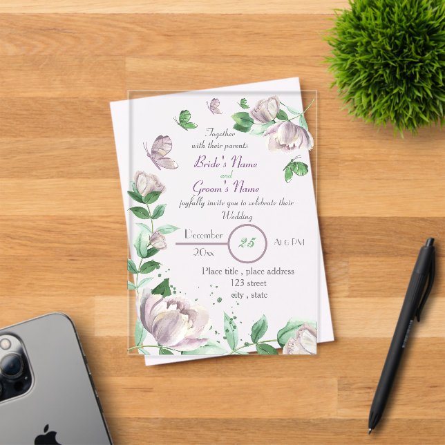 Invitations En Acrylique fleurs violettes feuilles vertes papillons mariage (Insitu (Carte d'invitation))