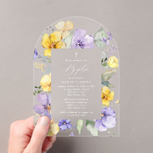 Invitations En Acrylique Fleurs violettes, Fleurs jaunes, Bohème, Baptême