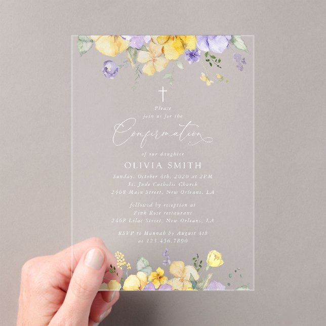 Invitations En Acrylique Fleurs violettes, Fleurs jaunes, Bohème, Confirmat (In situ (ordinateur de poche))