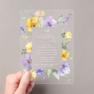 Invitations En Acrylique Fleurs violettes, Fleurs Jaunes, Boho, Anniversair