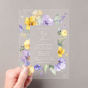 Invitations En Acrylique Fleurs violettes, Fleurs Jaunes, Boho, Baby shower