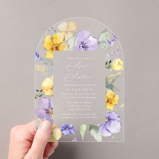 Invitations En Acrylique Fleurs violettes, Fleurs Jaunes, Boho, Sweet 16 (In situ (ordinateur de poche))