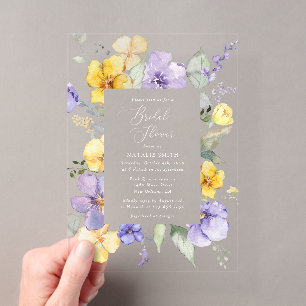 Invitations En Acrylique Fleurs violettes, Fleurs jaunes, Laverie de mariag