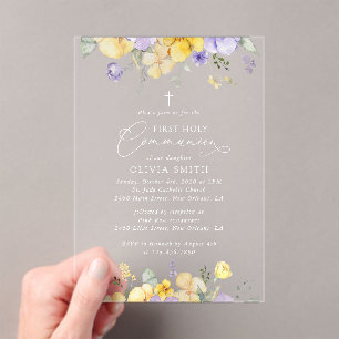 Invitations En Acrylique Fleurs violettes, Fleurs jaunes, Première Communio