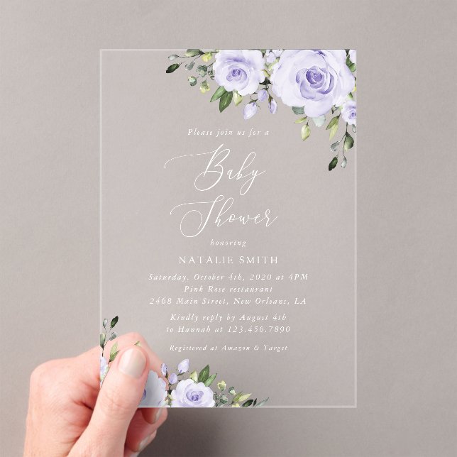 Invitations En Acrylique Fleurs violettes, Lilac Flowers, Boho, Baby shower (In situ (ordinateur de poche))