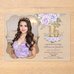 Invitations En Acrylique Fleurs Violettes pour un Sweet Sixteen 16ème Anniv