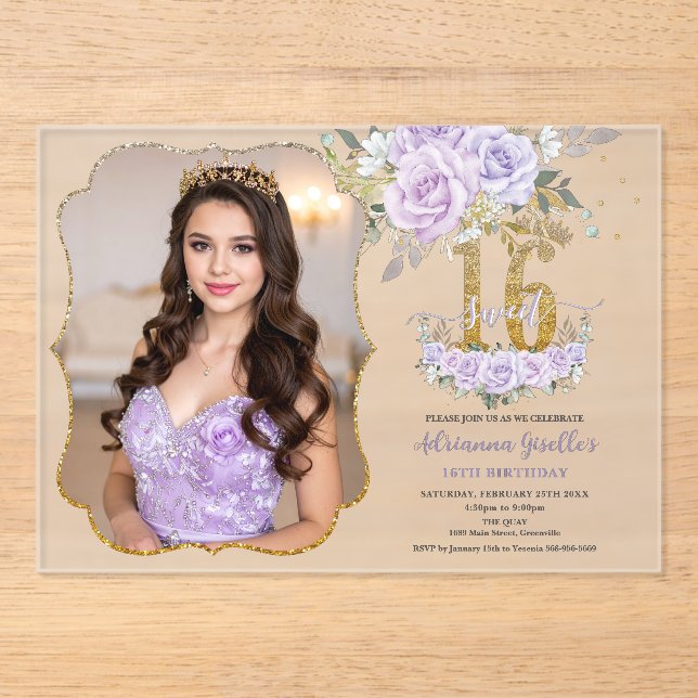 Invitations En Acrylique Fleurs Violettes pour un Sweet Sixteen 16ème Anniv (Recto)